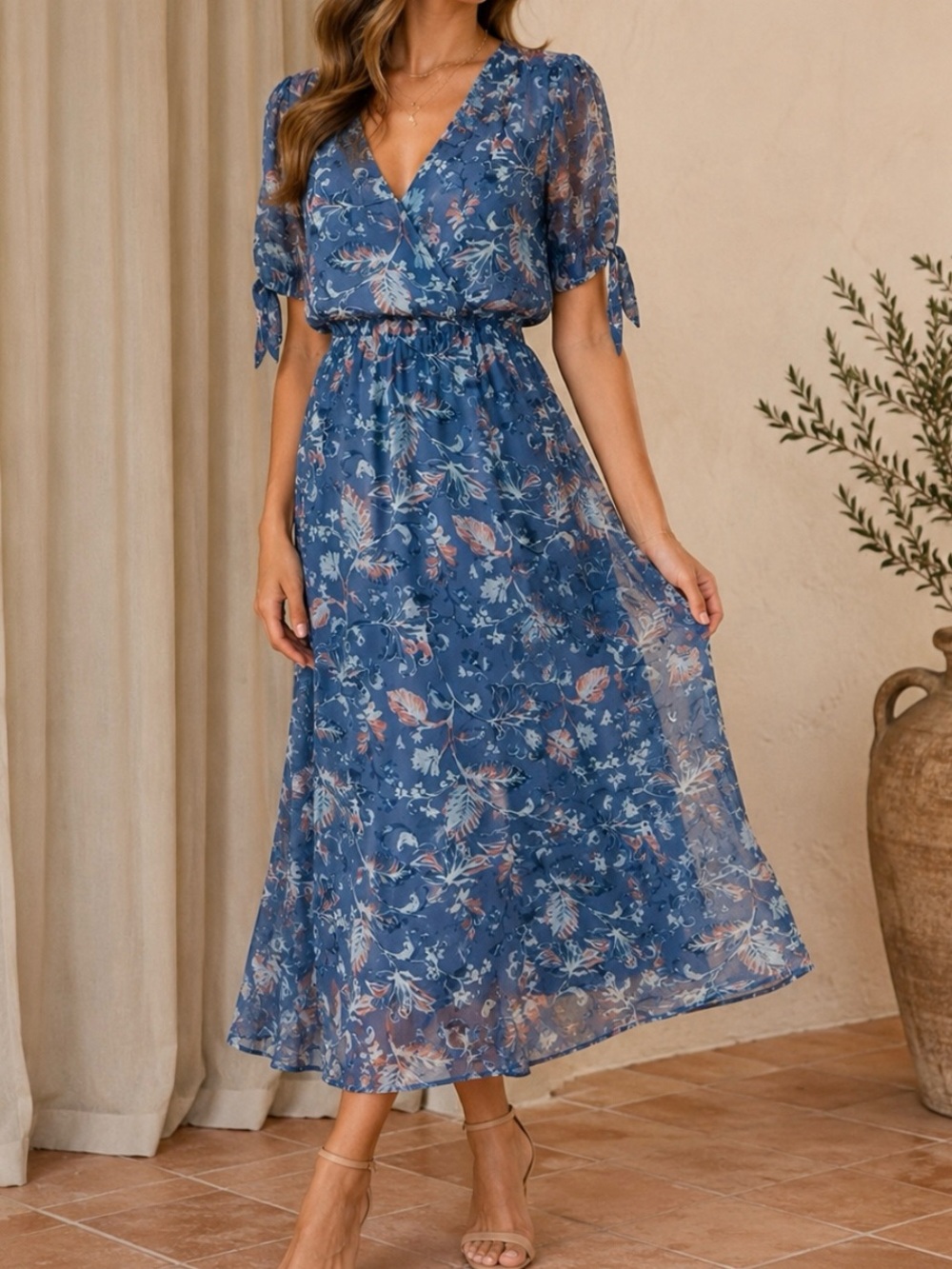 Blue Floral Maxi Silk Dress with V-Neck and Tie Sleeves